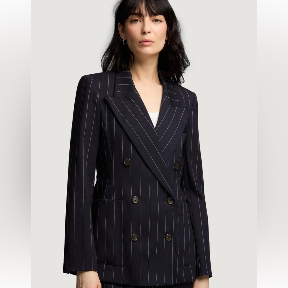 Argent Navy Pinstripe Chelsea Blazer in Stretch Wool - Picture 2 of 8